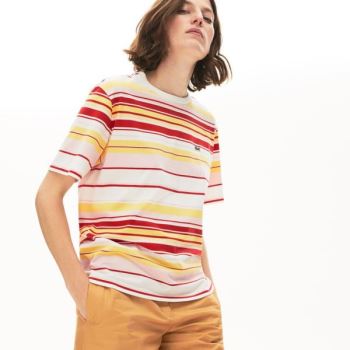 Lacoste Crew Neck Striped Cotton T-shirt - Tričko Dámské Bílé / Červené / Světle Růžové / Žluté | CZ